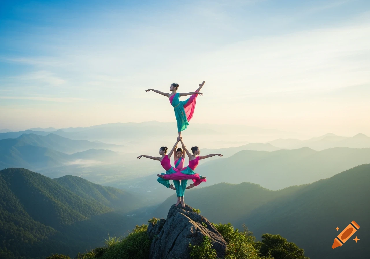 Four women in colorful activewear form a human pyramid on a rocky mountain peak at sunrise, with a misty mountain range.
