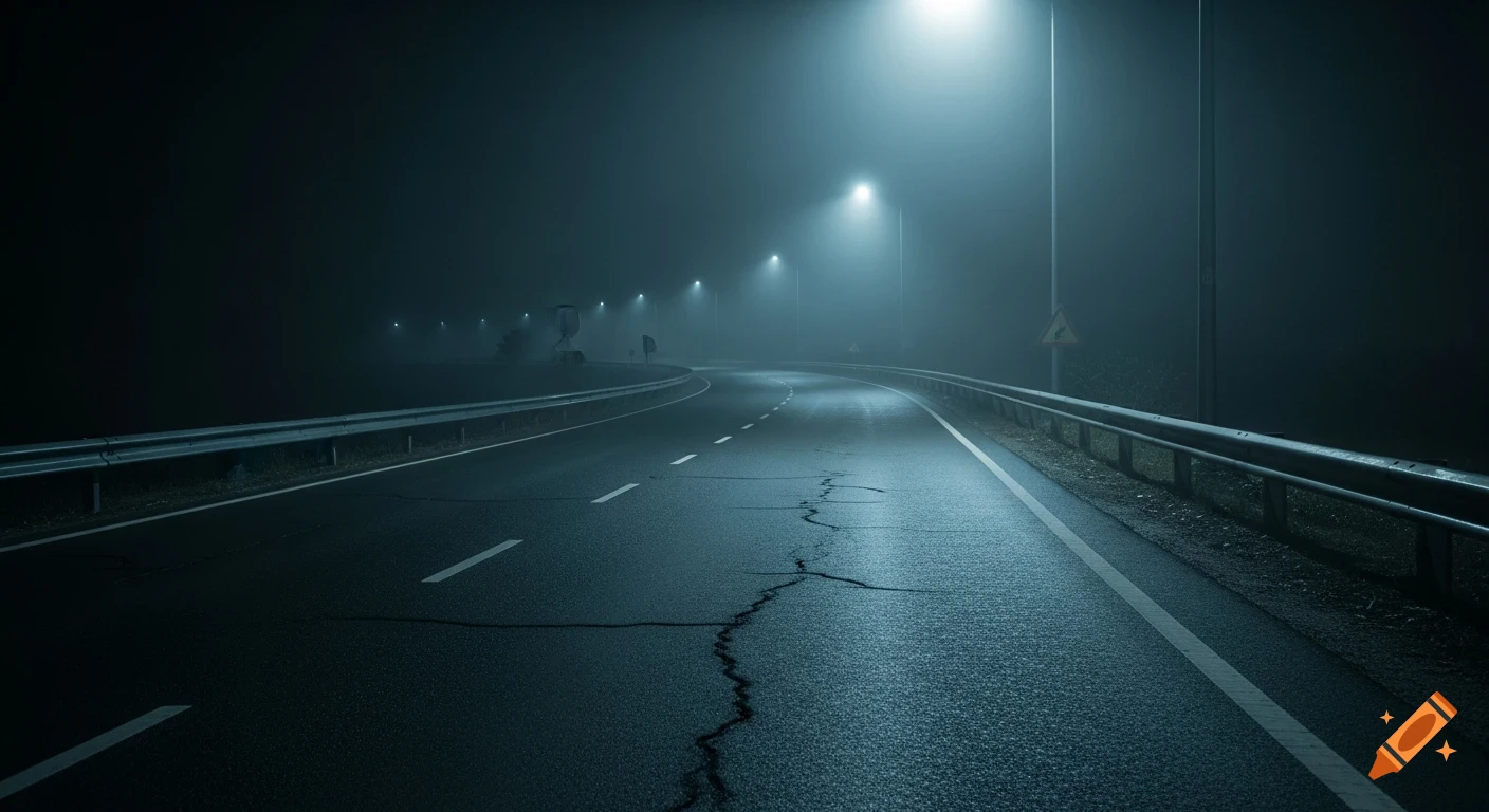A dark, foggy highway at night, lit by distant streetlights, with a long, winding road and guardrails.