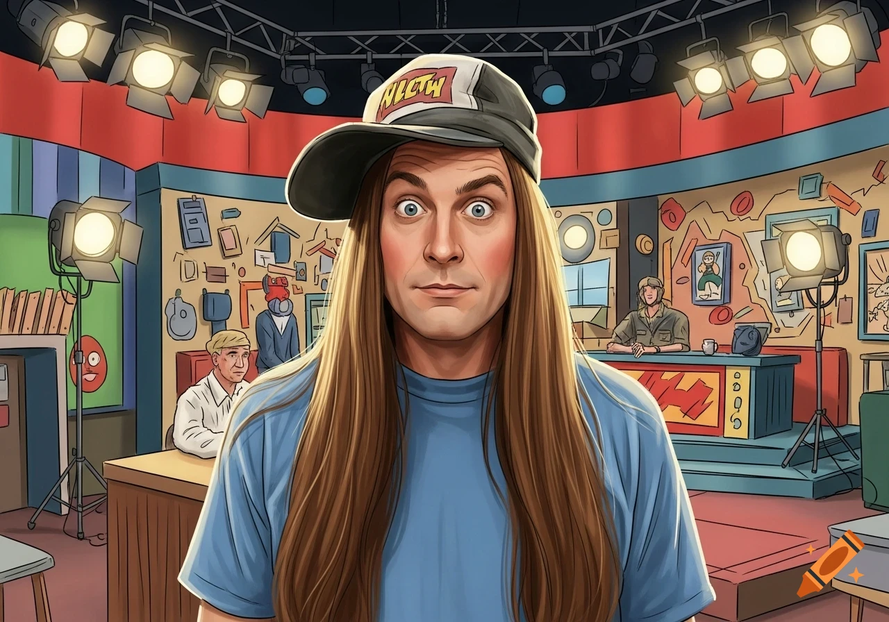 A cartoon man with long brown hair and a baseball cap stands in a brightly lit television studio with a desk and spotlights.