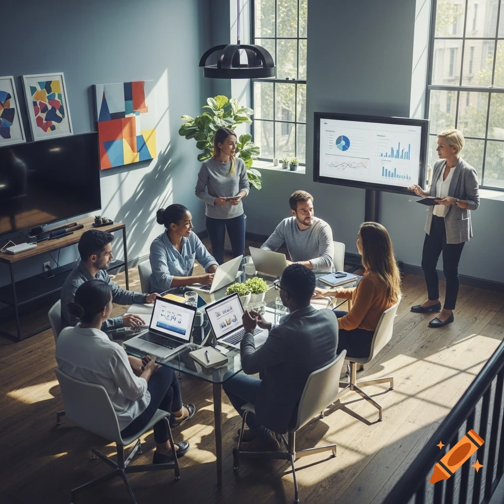 People in a modern office meeting room, looking at laptops and a large screen displaying charts and graphs during a presentation.