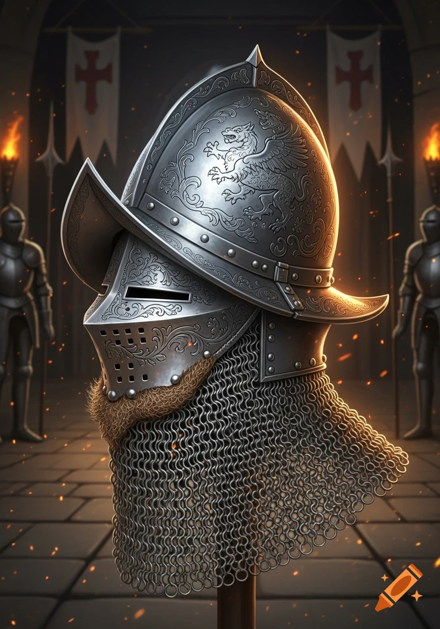 Close-up of an ornate silver spangenhelm helmet with chainmail aventail and a furry 'beard' in a torchlit medieval hall.