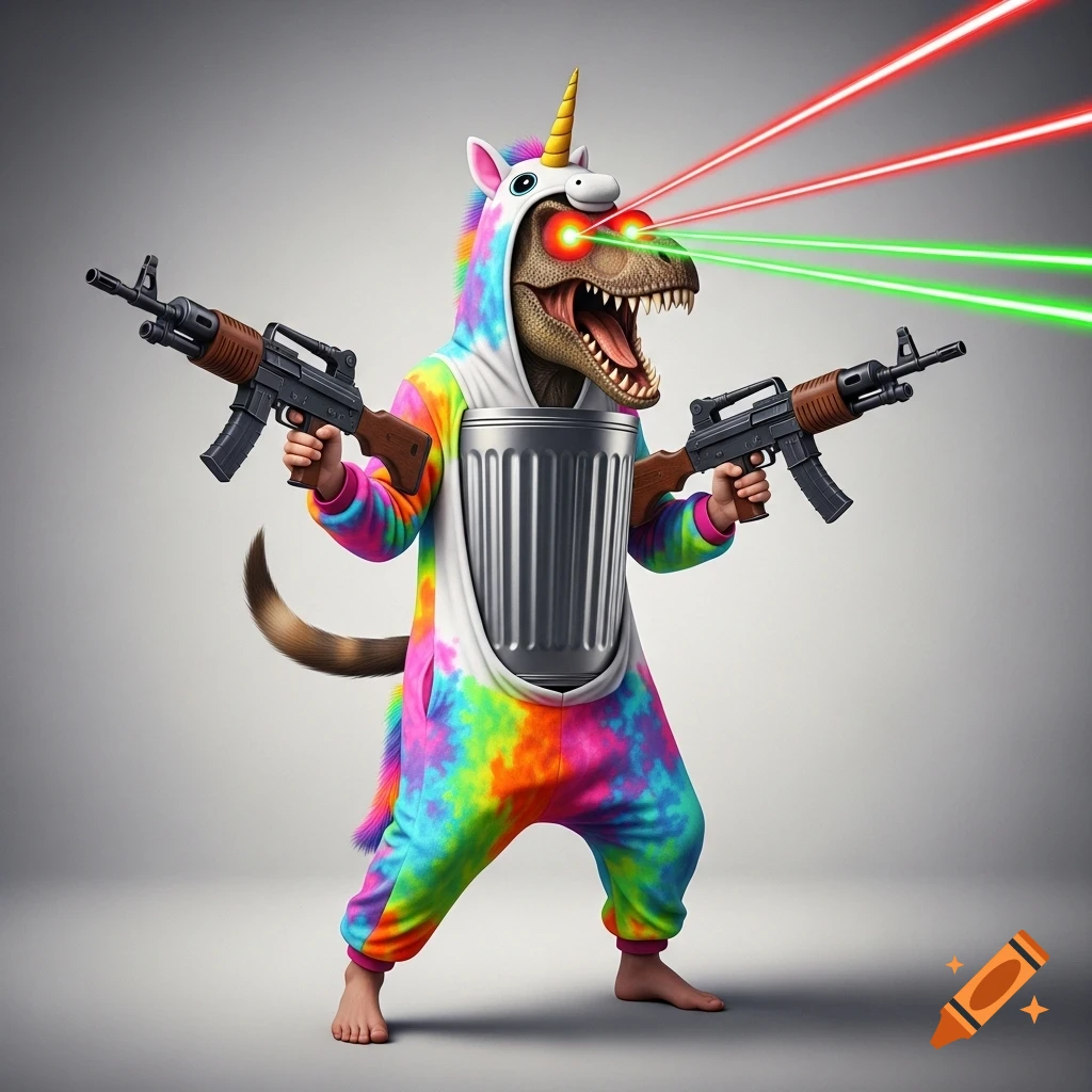 A dinosaur-headed trash can in a tie-dye unicorn onesie shoots lasers from its eyes and holds two large assault rifles.