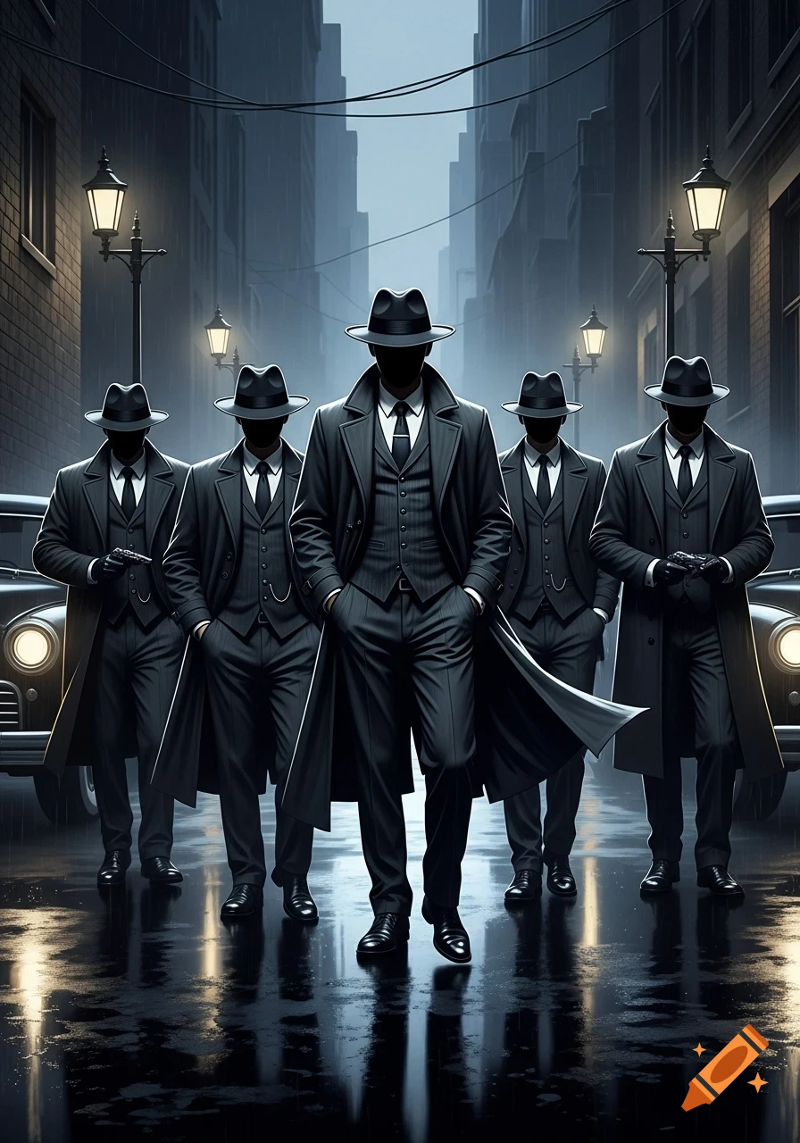 Five trench-coated, fedora-wearing men with obscured faces walk down a dark, wet city street at night, reflected in puddles. Photorealistic style.