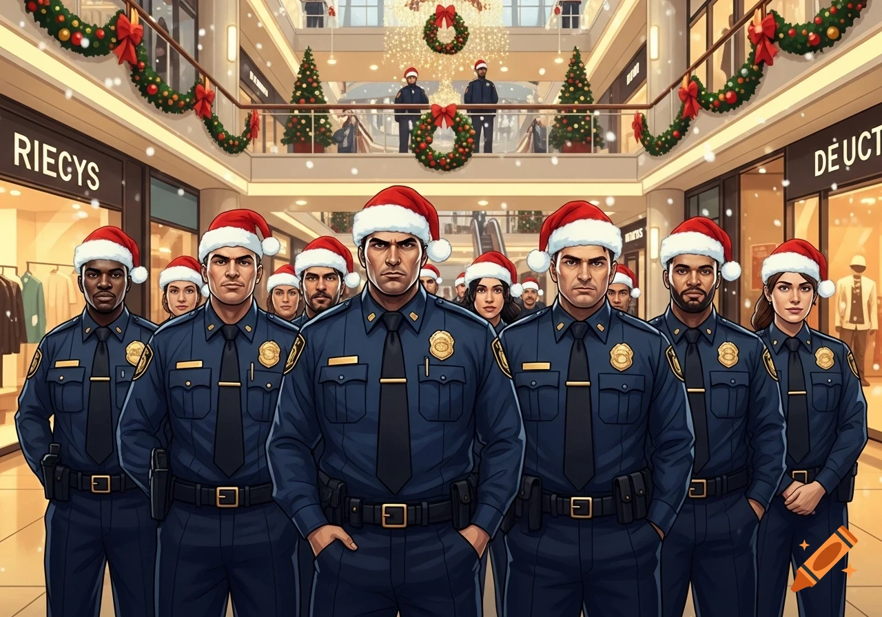 Illustrative image of diverse police officers wearing Santa hats, standing in a Christmas-decorated shopping mall with snow.