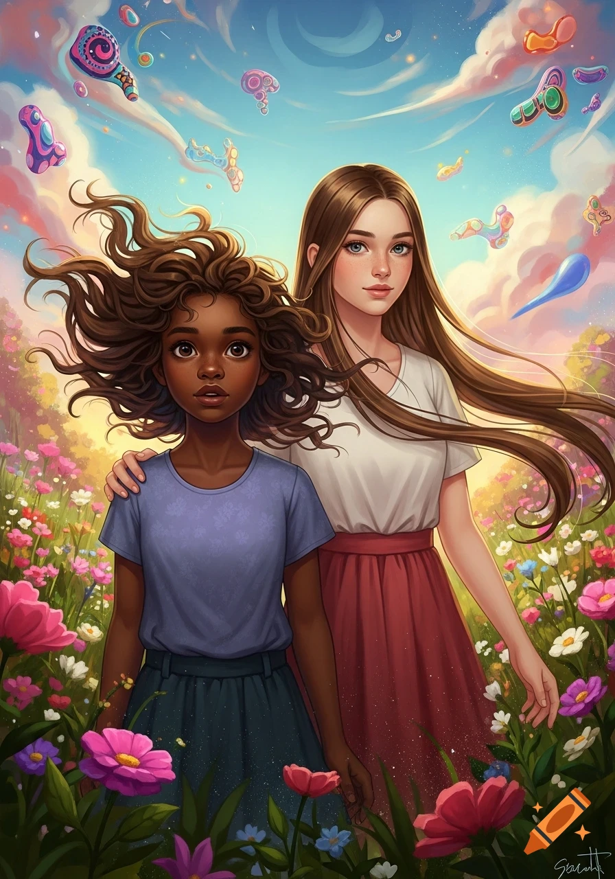 Illustration of two girls standing in a vibrant field of flowers under a sky with abstract floating shapes.