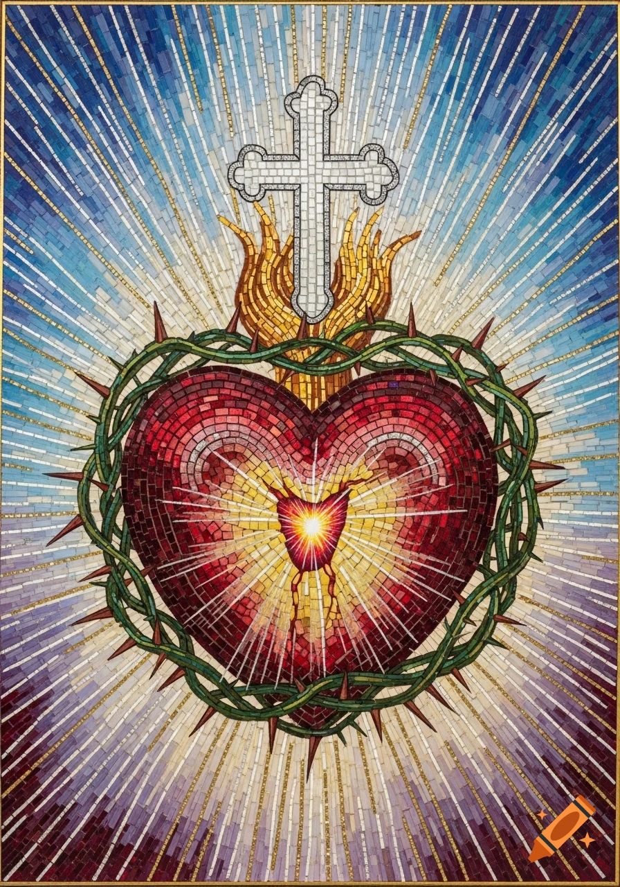 A vibrant mosaic depicting the Sacred Heart, encircled by a crown of thorns, with flames and a cross above, radiating light.