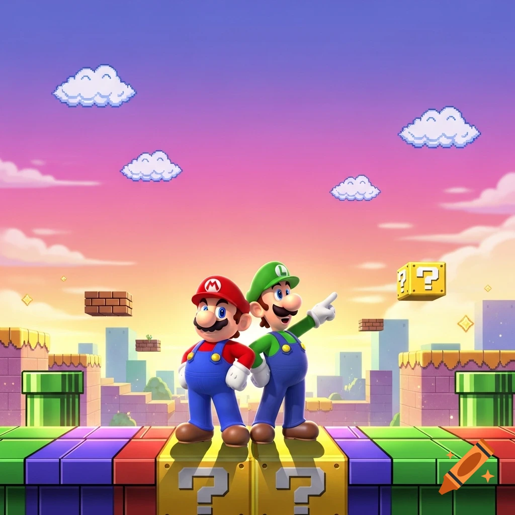 Mario and Luigi stand on colorful question mark blocks in a vibrant Super Mario-style landscape at sunset.
