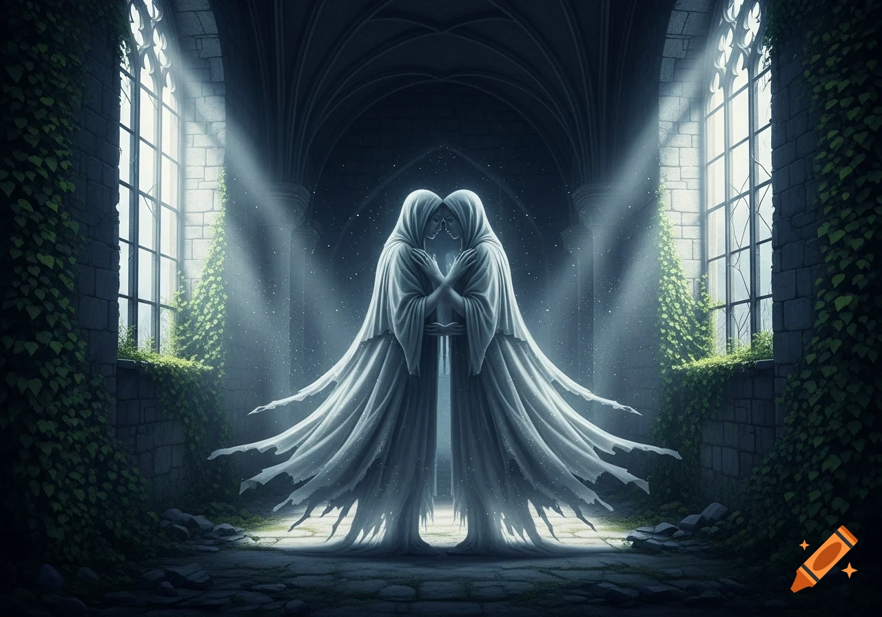Two shrouded ghost figures embrace in a mystical, dark gothic hall with light rays and ivy-covered windows.