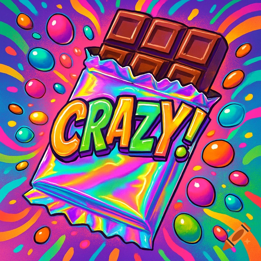 Vibrant cartoon of a chocolate bar with 'CRAZY!' on its iridescent wrapper, surrounded by colorful candies and swirling lines.