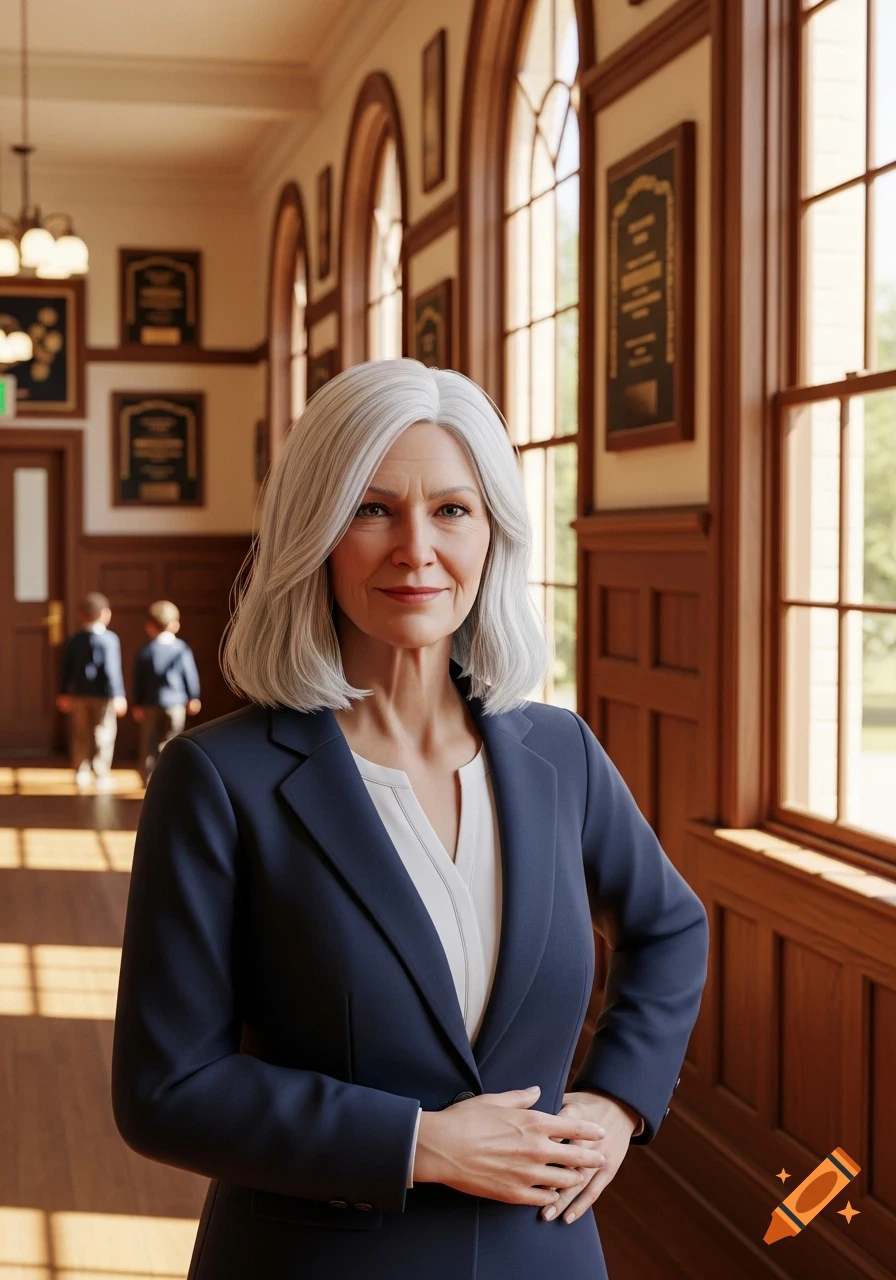 Photorealistic portrait of an older woman with white hair and a navy blazer, smiling in a school hallway.