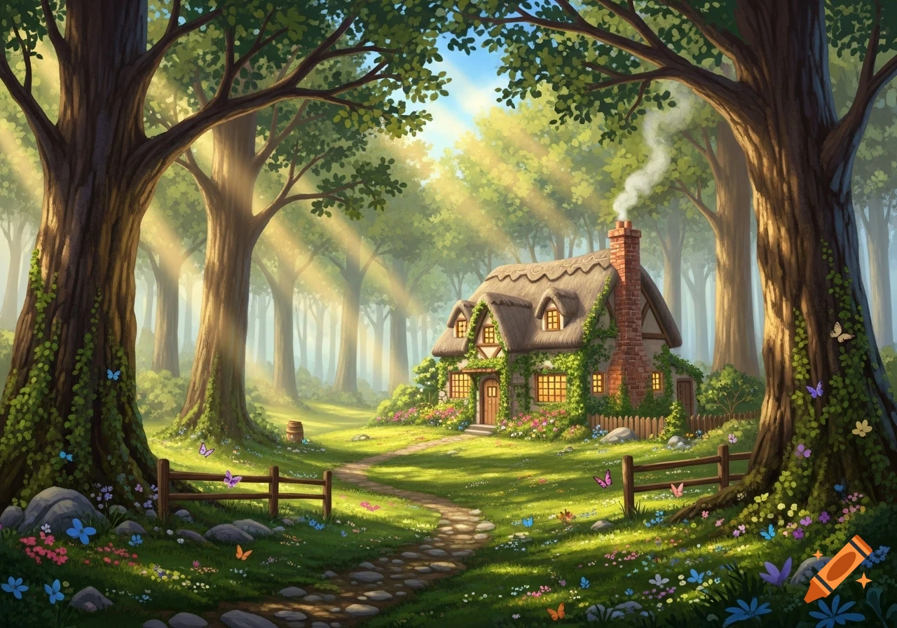 An illustrated cozy cottage with a thatched roof nestled in a sunny forest glade, surrounded by large trees, a stone path, and wildflowers.