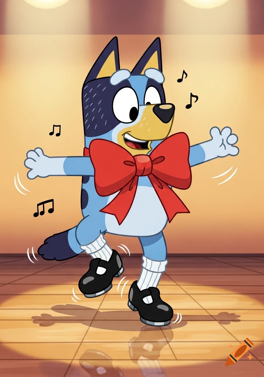 Bluey the cartoon dog tap dancing on a stage, wearing a red bow tie, white socks, and black tap shoes, with musical notes.