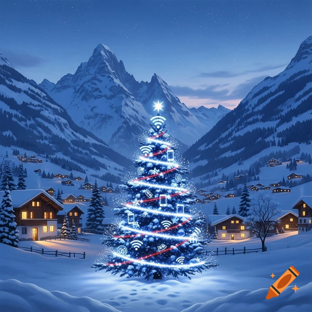 Snowy Alpine village at dusk, nestled in mountains. A glowing Christmas tree in the center, adorned with Wi-Fi and smartphone icons, and red-white-blue light strands.