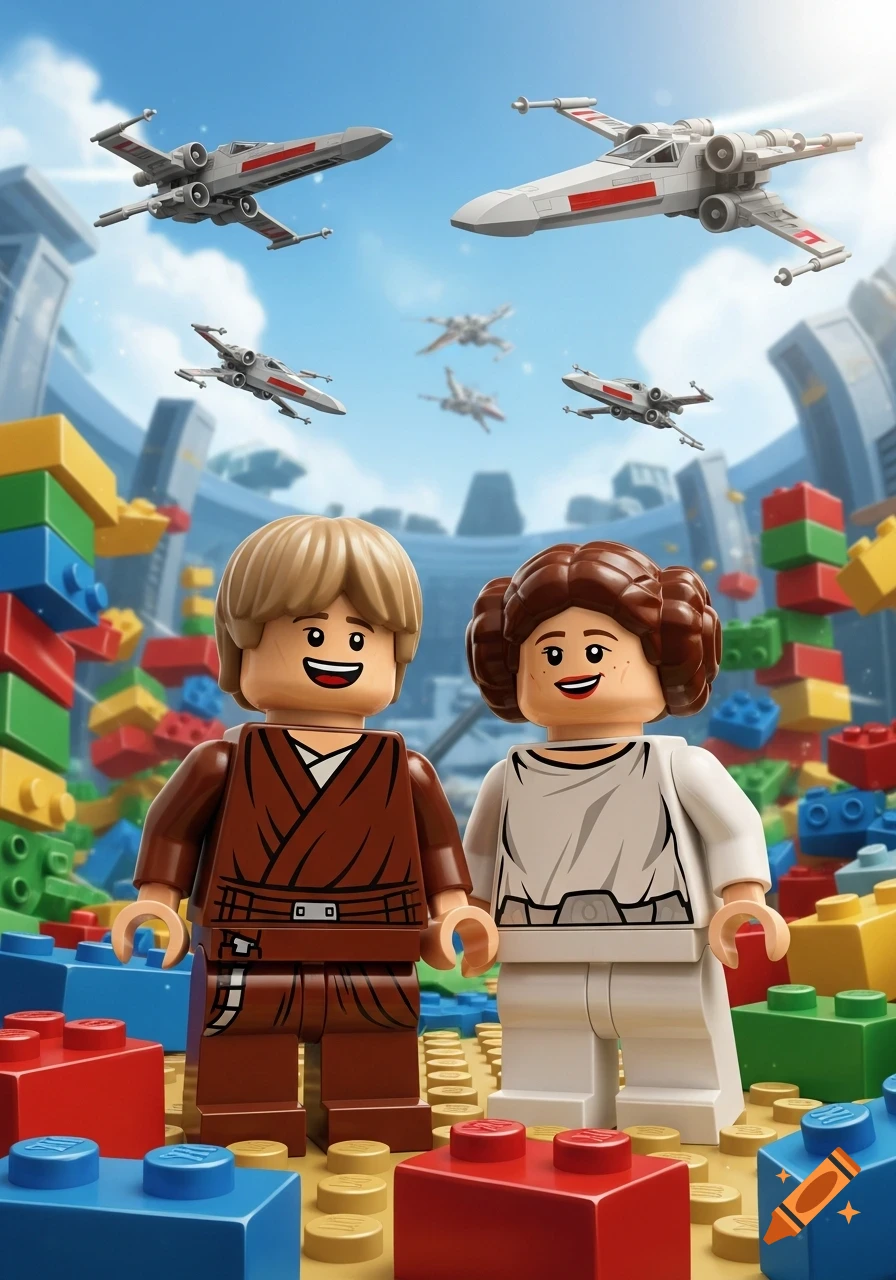 Lego Luke Skywalker and Princess Leia stand smiling amidst colorful Lego blocks as X-wing fighters fly overhead.