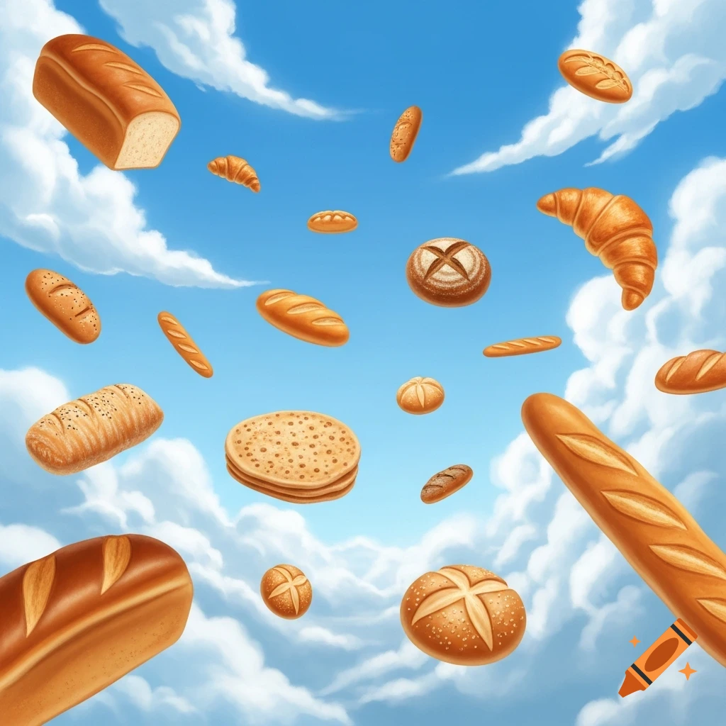 Various types of bread, baguettes, croissants, and buns float in a bright blue sky with fluffy white clouds, in a detailed fantasy illustration.