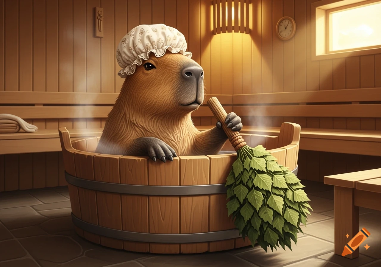 A cute capybara wearing a white shower cap sits in a wooden tub filled with steaming water inside a sauna, holding a broom of birch leaves.