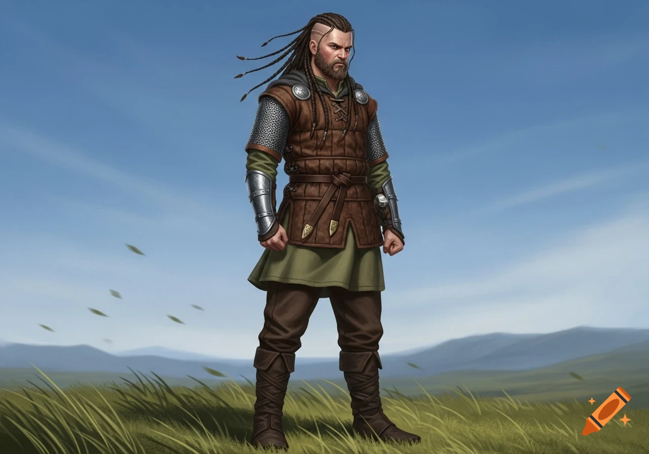 A bearded Viking warrior with braided hair and an undercut, wearing brown and green armor, stands in a grassy field under a blue sky.