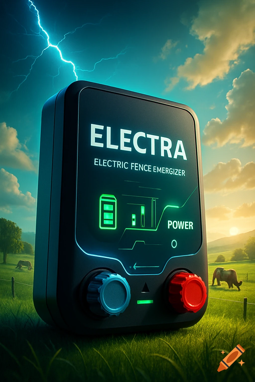 A modern ELECTRA electric fence energizer device stands in a vibrant grassy field with elephants and a dramatic lightning strike in the sky.