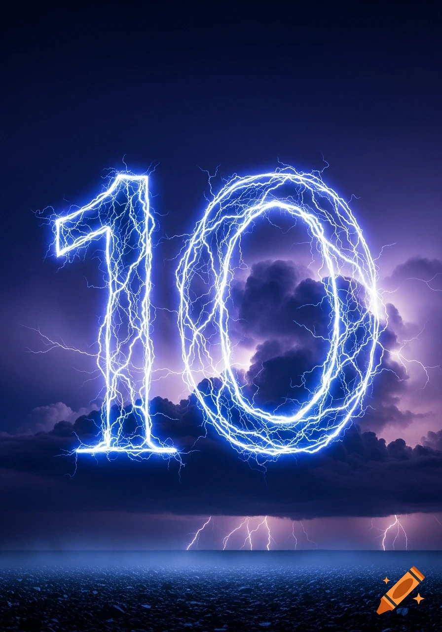 Bright blue lightning bolts form the number 10 against a dramatic dark purple stormy sky with distant lightning over a rocky landscape.