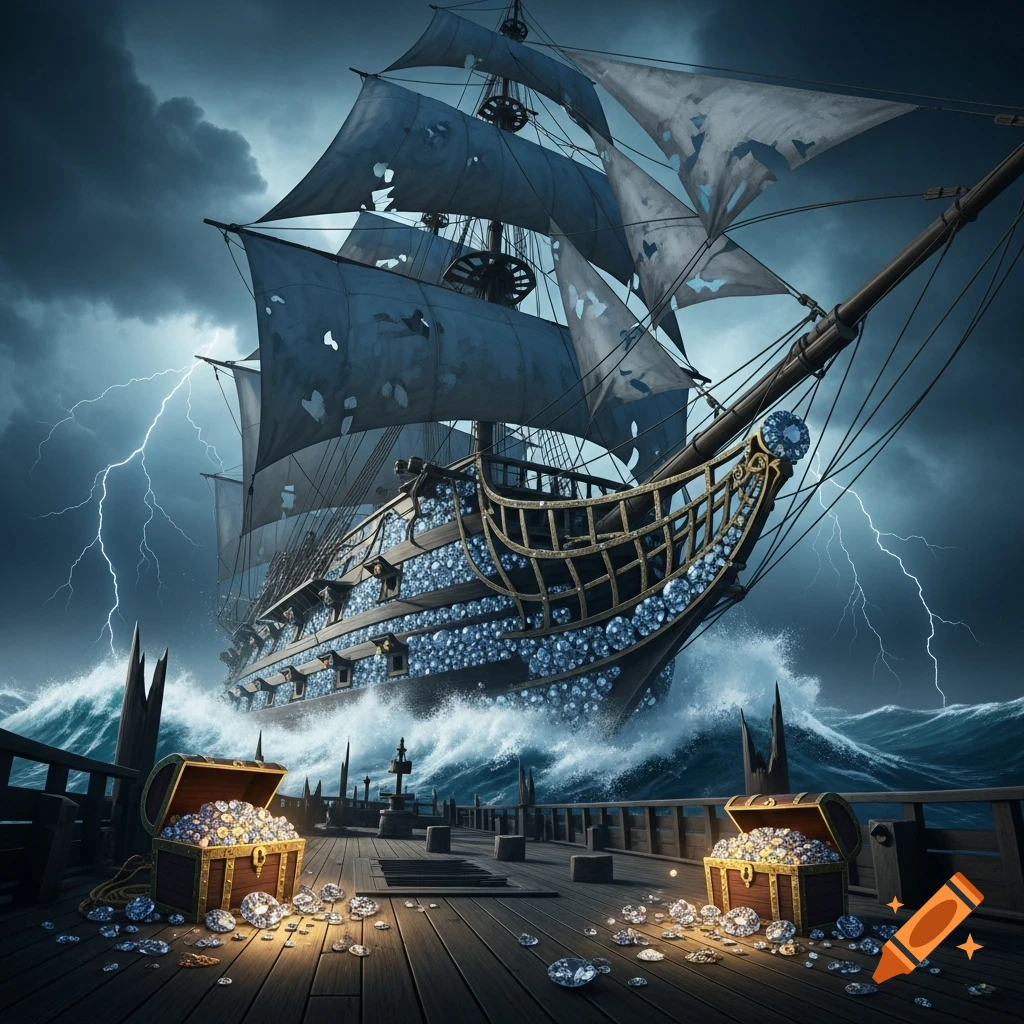 A diamond-encrusted pirate ship with torn sails in a stormy sea with lightning; chests of diamonds are on a wooden dock.