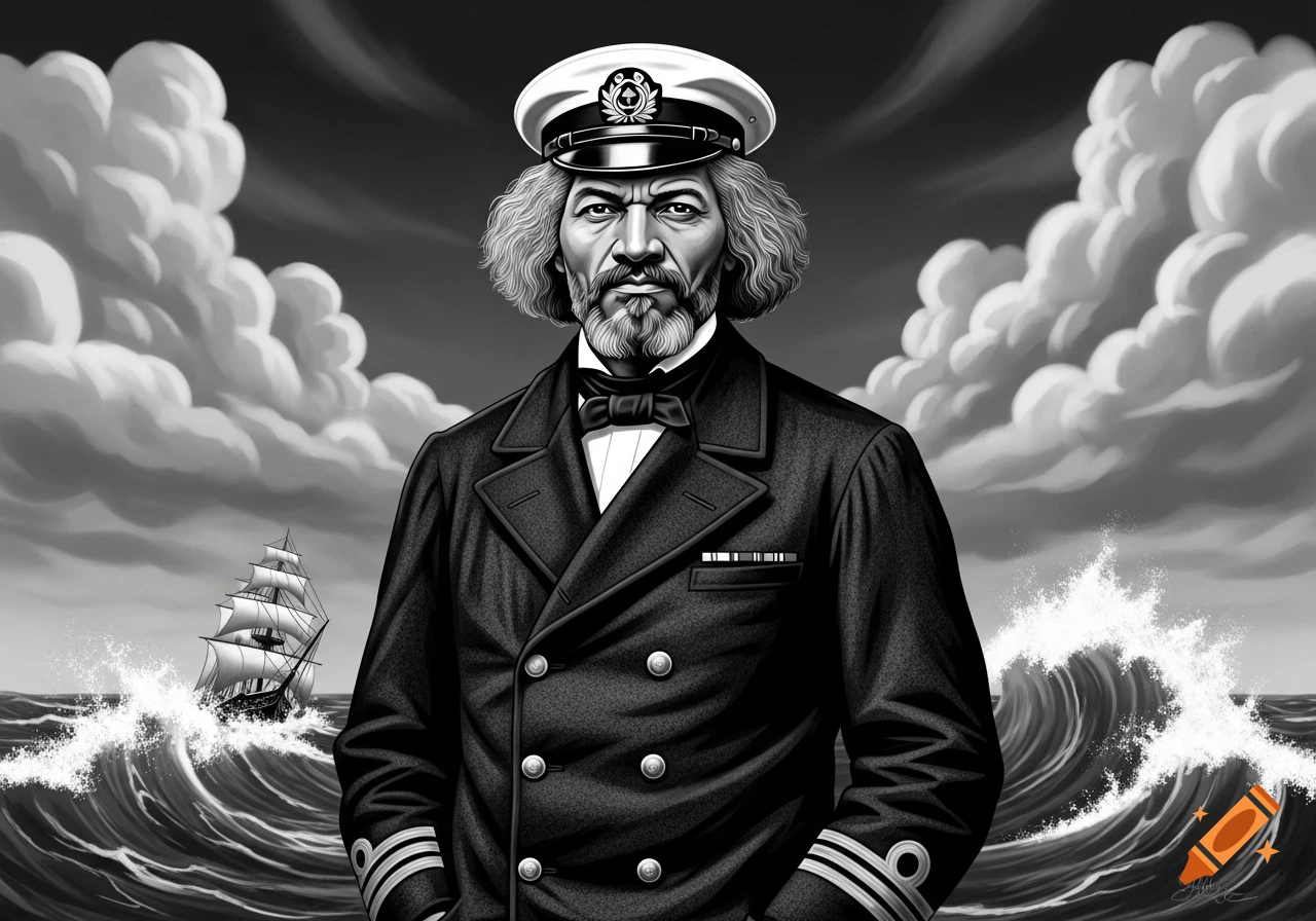 Black and white illustration of Frederick Douglass as a sea captain on a stormy ocean with a sailing ship in the background.