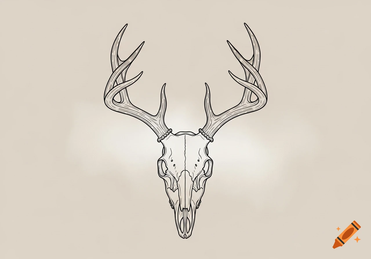 Line art illustration of a deer skull with prominent antlers on a light background.