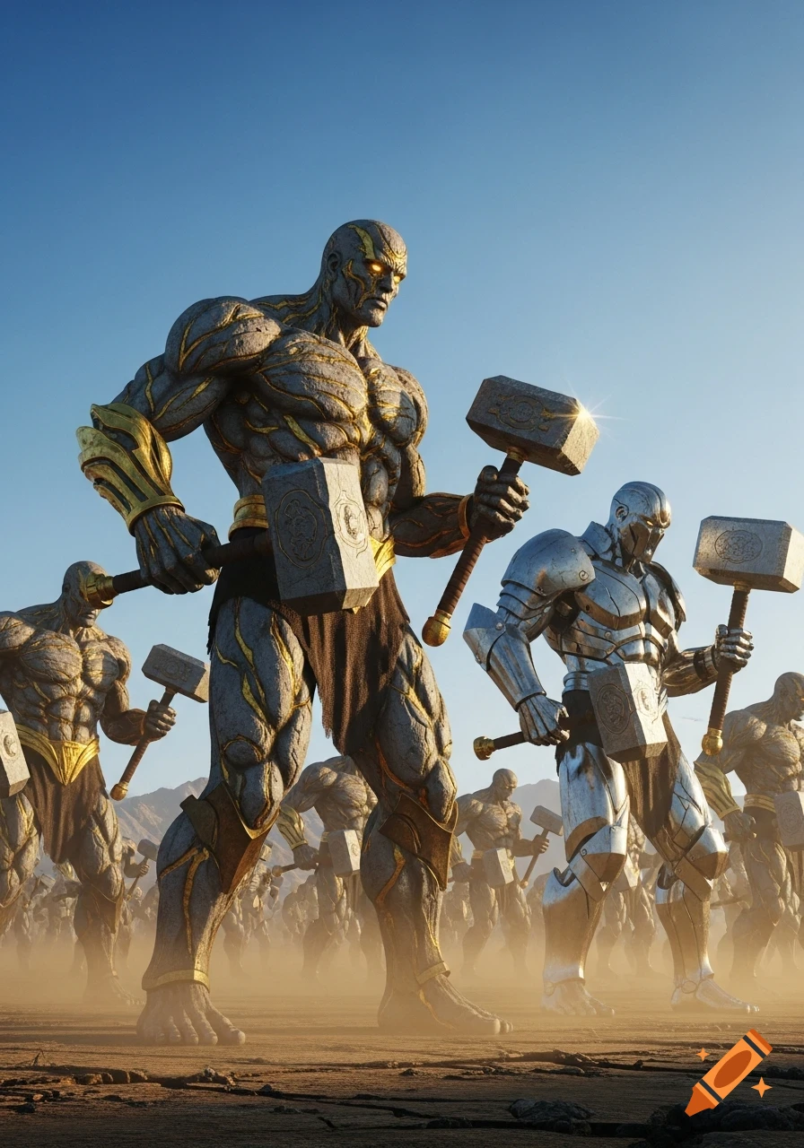 A photorealistic army of formidable gold-infused stone and metal giants wielding stone hammers in a dusty, barren land.