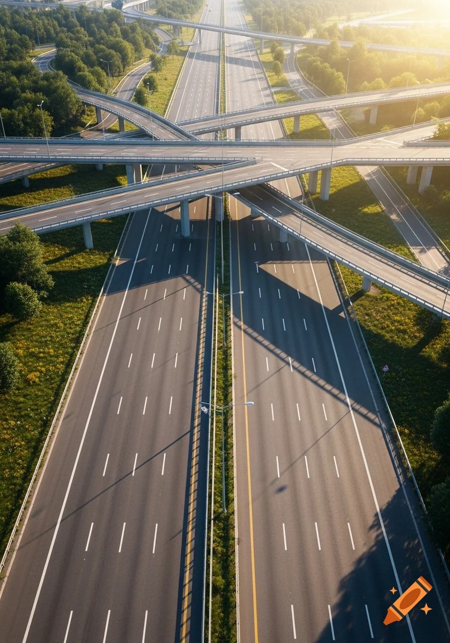 An aerial view of a multi-lane highway interchange with numerous overpasses and underpasses, surrounded by green trees under sunlight.