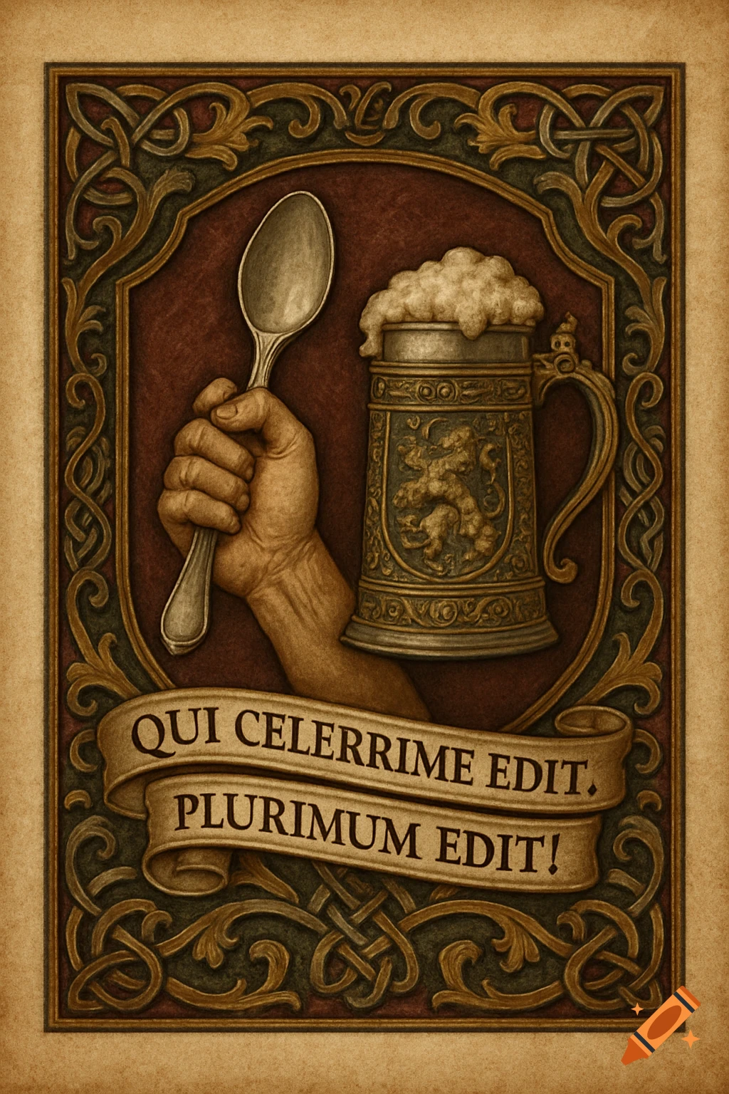 Medieval style illustration with a hand holding a spoon, a frothy beer stein, and 'QUI CELERRIME EDIT. PLURIMUM EDIT!' text in a banner.