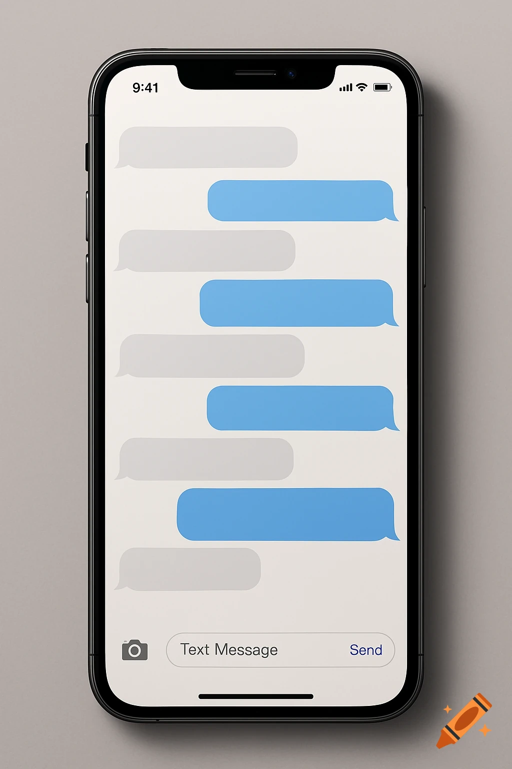 A modern smartphone displaying an empty text message conversation interface with blue and grey message bubbles.