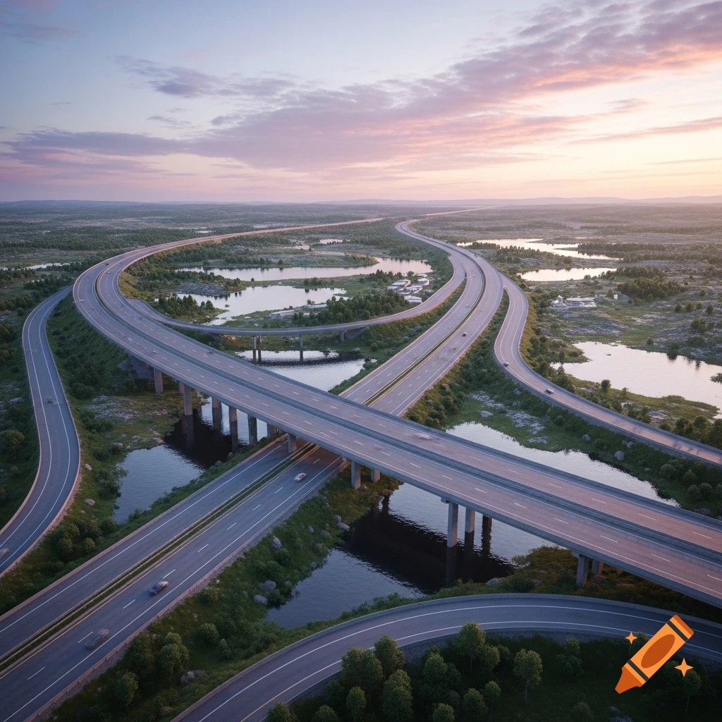 An aerial view of a complex highway interchange winding through a green landscape with lakes at sunset.