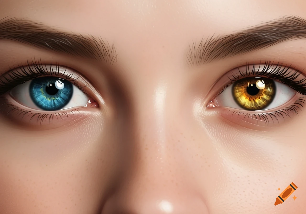 Close-up of a person's face showing one blue eye and one gold eye, in a photorealistic style.