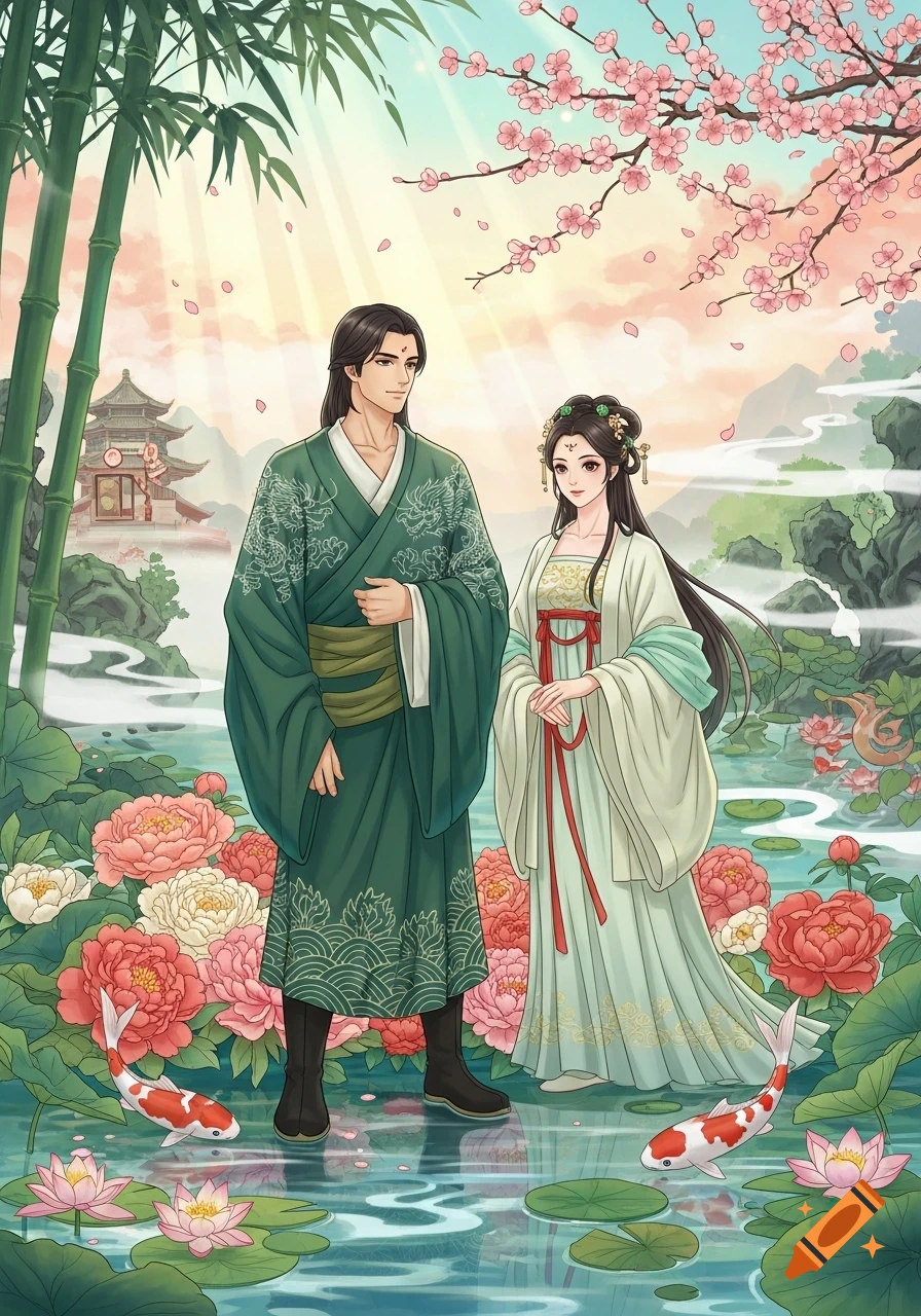 Illustrated man and woman in traditional Chinese robes standing by a pond with koi and lotus flowers, surrounded by bamboo and cherry blossoms.