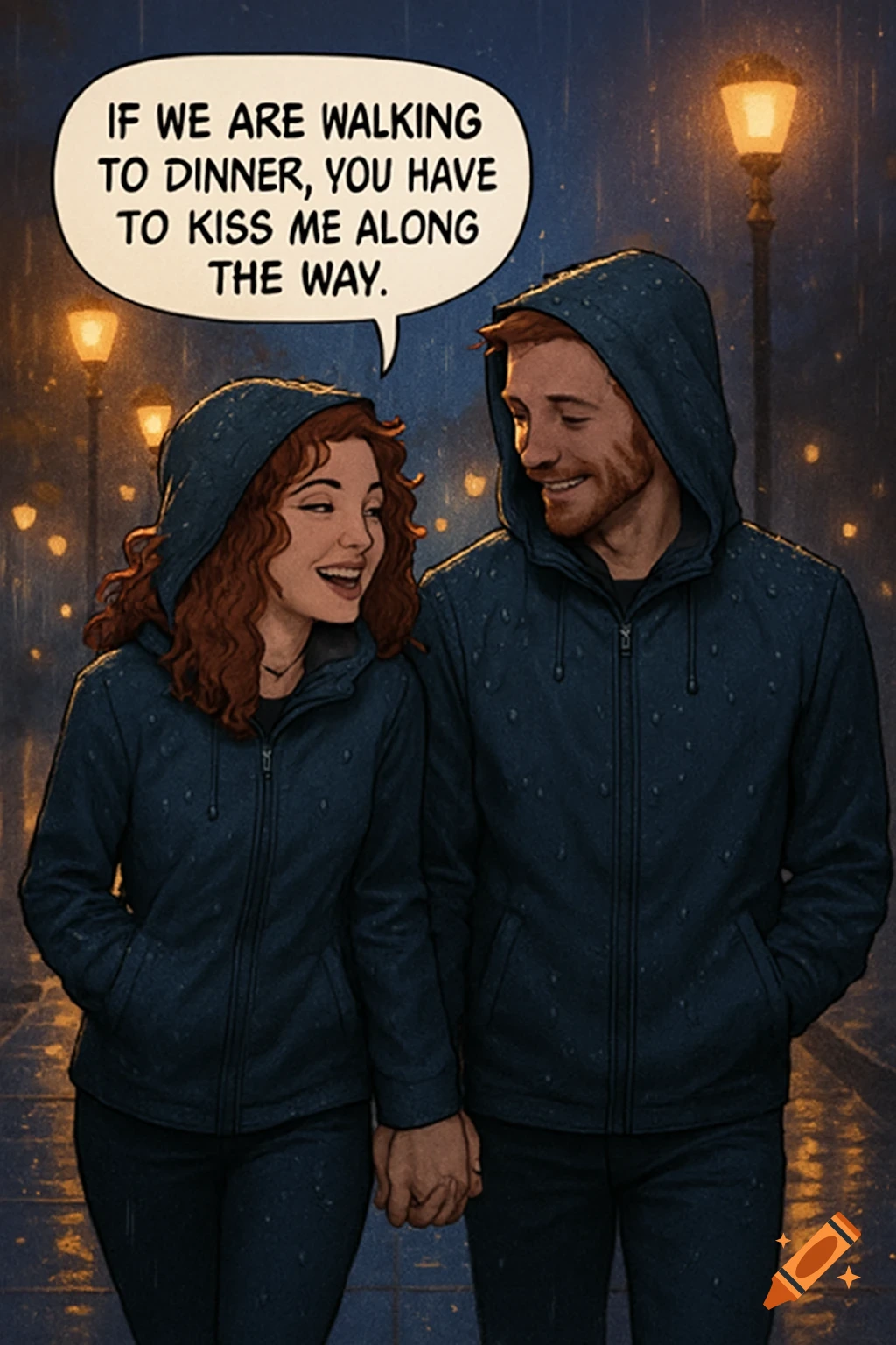 A smiling couple in rain jackets walks hand-in-hand on a rainy night. Woman's speech bubble: "If we are walking to dinner, you have to kiss me along the way."