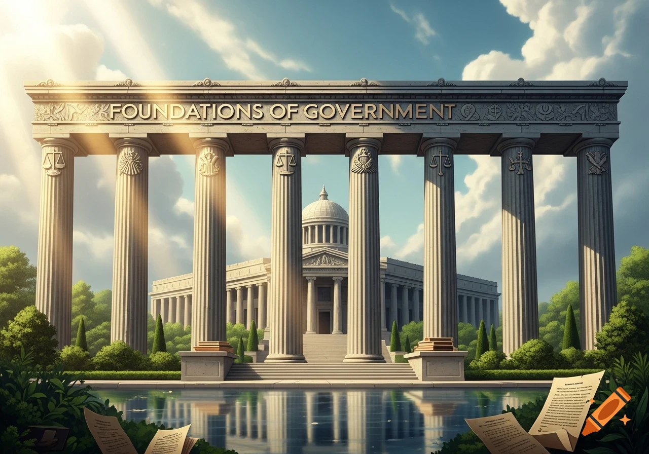 A grand classical building with a colonnade, stating 'FOUNDATIONS OF GOVERNMENT' on the frieze, overlooking a reflecting pool and greenery under a sunny sky.