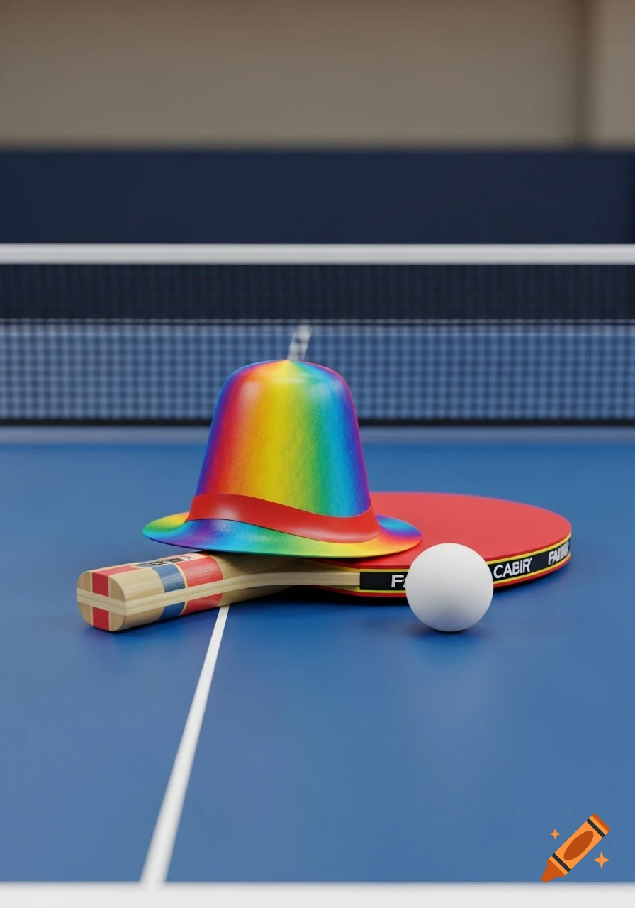 A photorealistic close-up of a rainbow-colored carnival hat resting on a red table tennis paddle, with a white ball beside it, on a blue table tennis table.