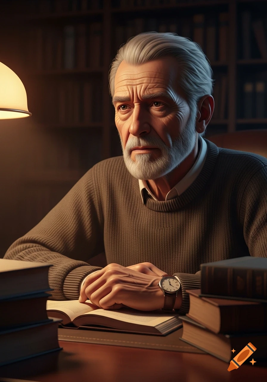Photorealistic portrait of a concerned older man with gray hair and a beard, sitting at a desk with an open book and lamp in a dimly lit library.