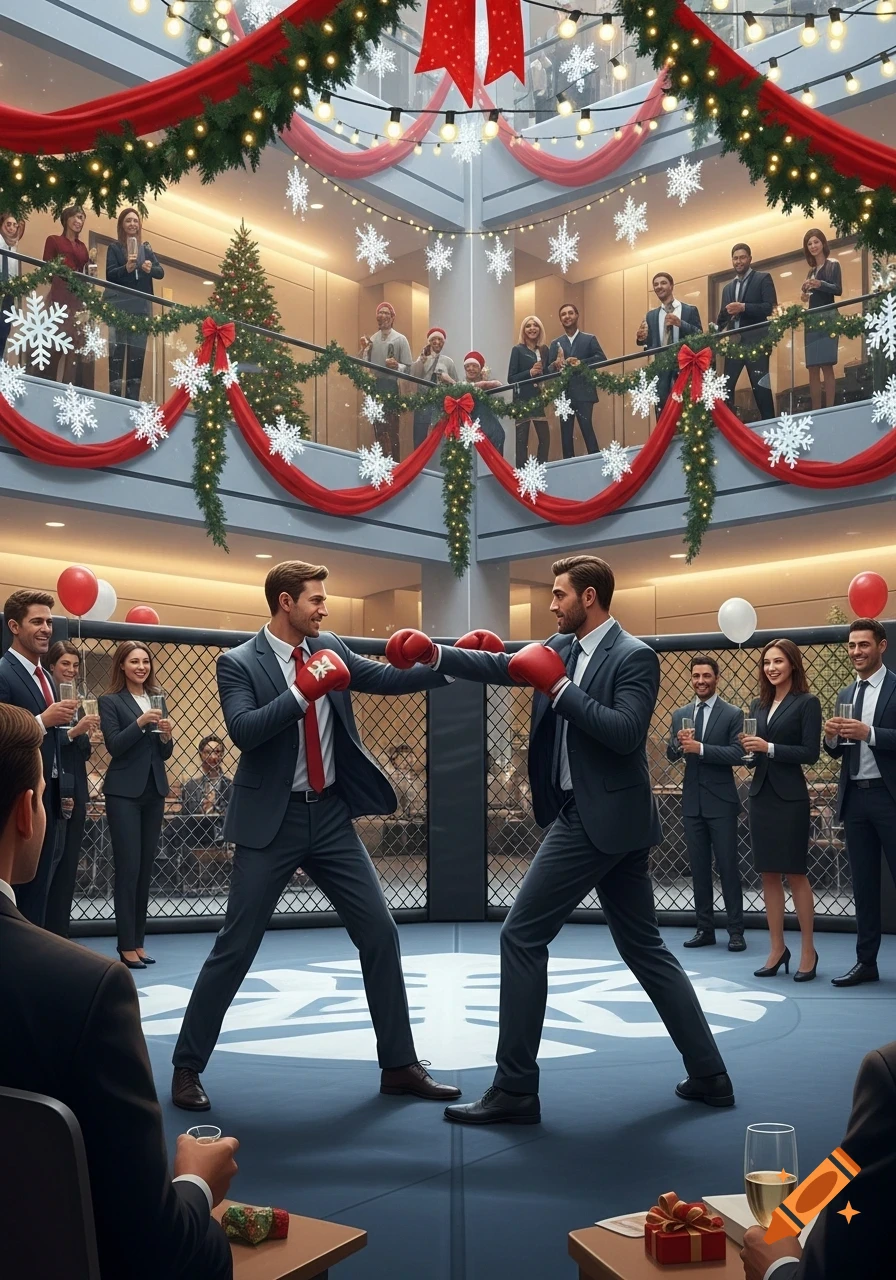 Two men in business suits and red boxing gloves spar in a decorative office atrium during a Christmas party, while colleagues watch from balconies and ground level, holding drinks.