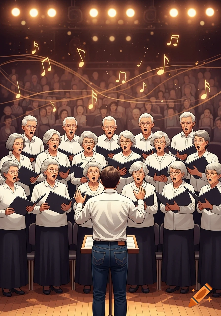A conductor leads a choir of elderly people in white shirts and dark skirts, with musical notes floating above them on a stage.