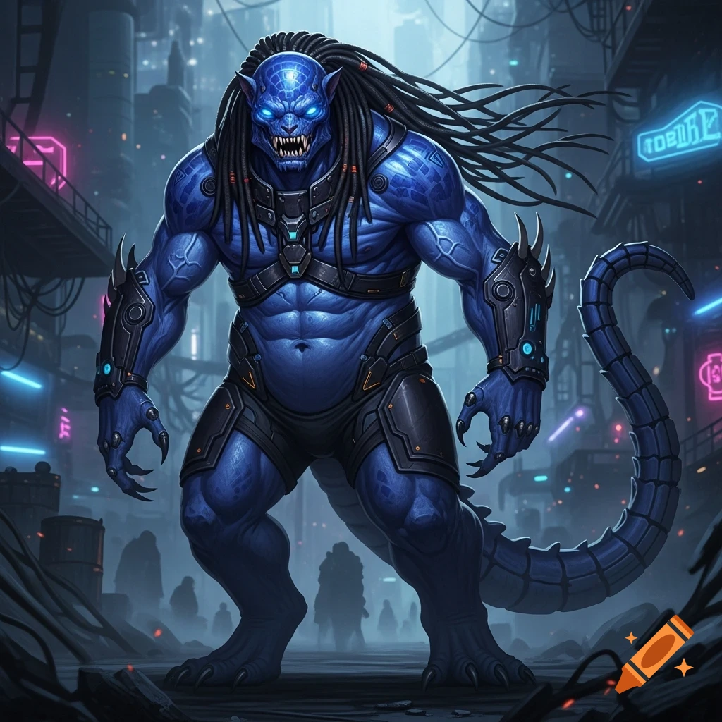 A blue, muscular alien lizard creature with dreadlocks, glowing eyes, and cybernetic armor stands in a dark, neon-lit cyberpunk city.