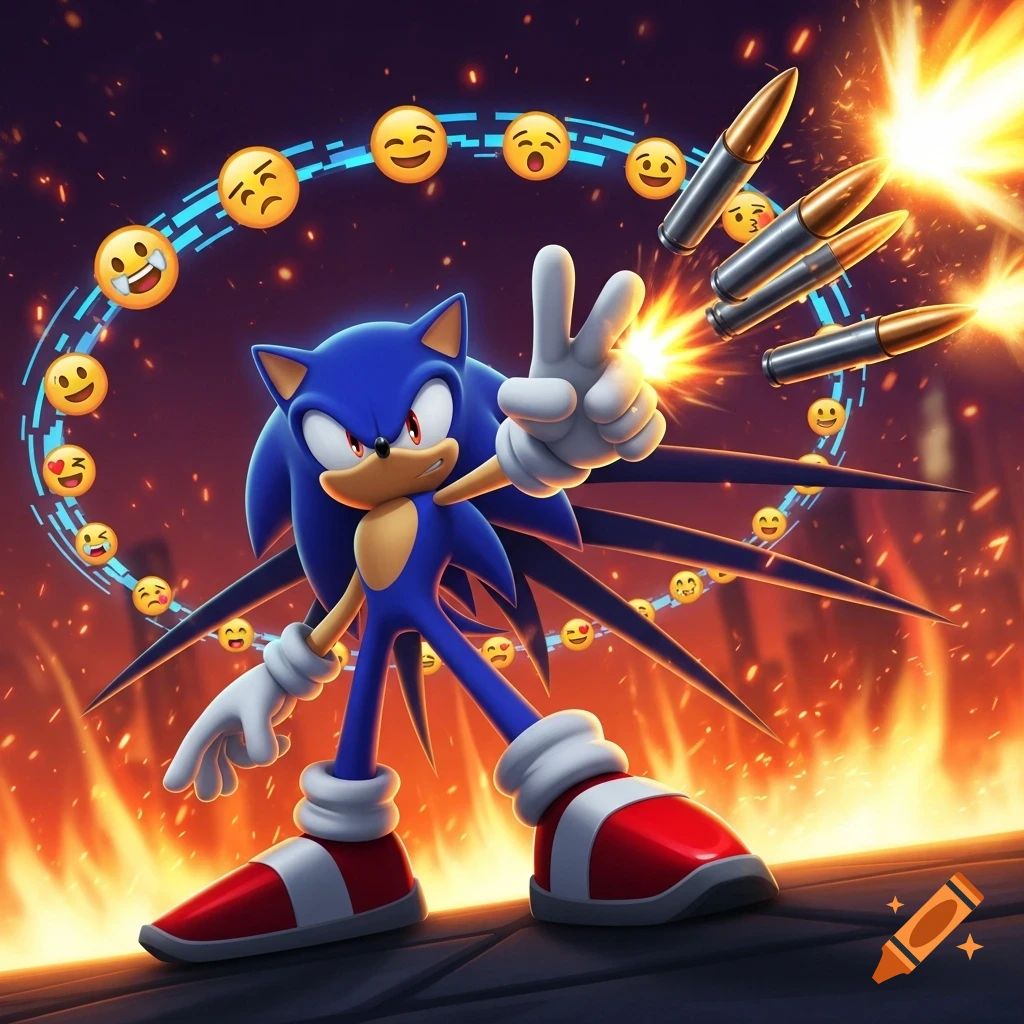Sonic the Hedgehog makes a peace sign amidst explosions and bullets, with a ring of emojis in the background.