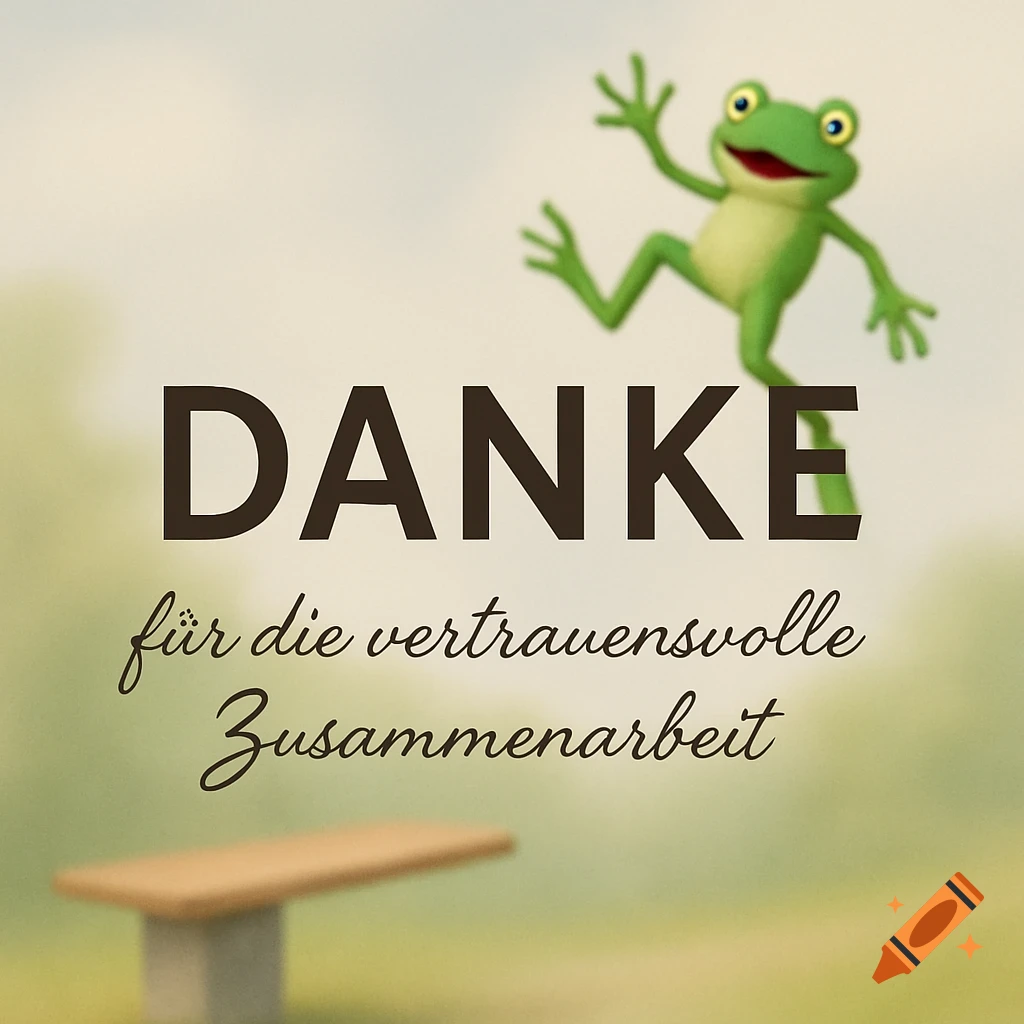 A green cartoon frog jumps over the words 'DANKE für die vertrauensvolle Zusammenarbeit' on a blurred background with a bench.