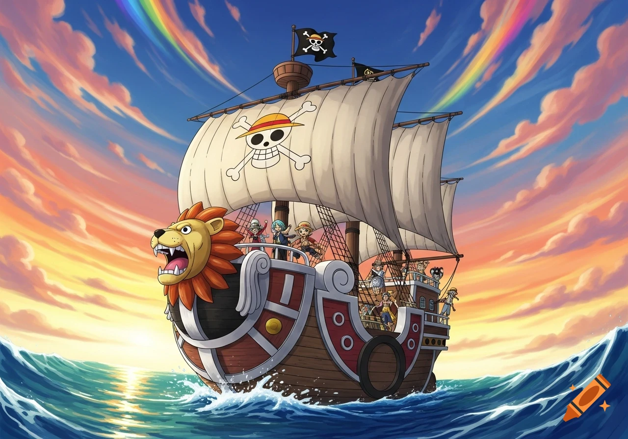 The Thousand Sunny ship, carrying the Straw Hat Pirates, sails on a vibrant ocean at sunset with a rainbow. Anime style illustration.