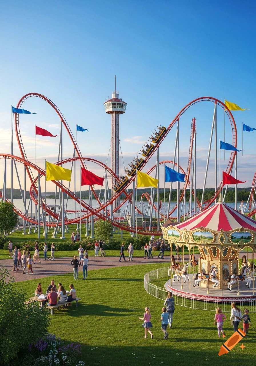 Bustling amusement park with a red roller coaster, observation tower, and carousel, on a sunny day with many visitors.