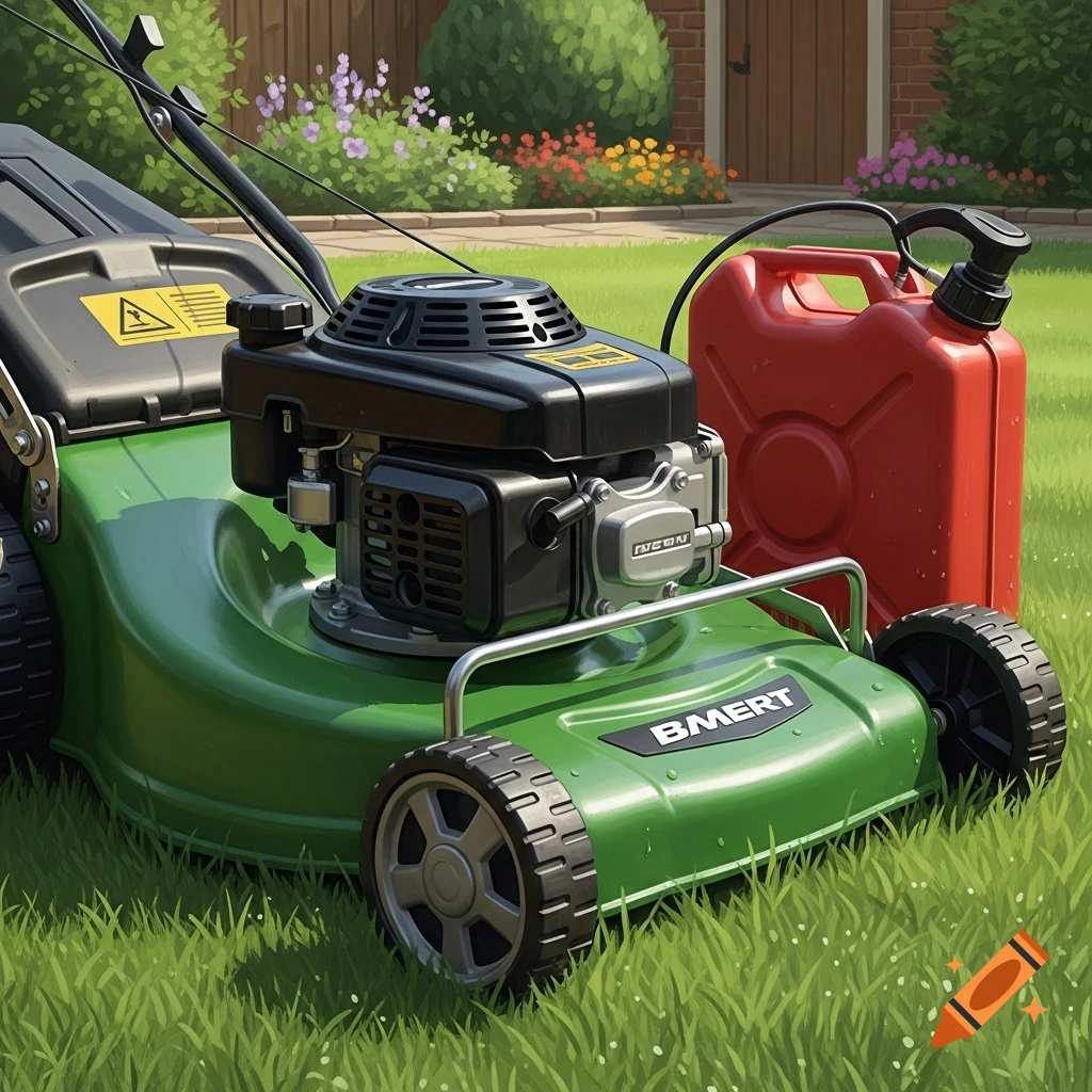 A green lawnmower and a red gas can sit on a grassy lawn in front of a house with a garden.