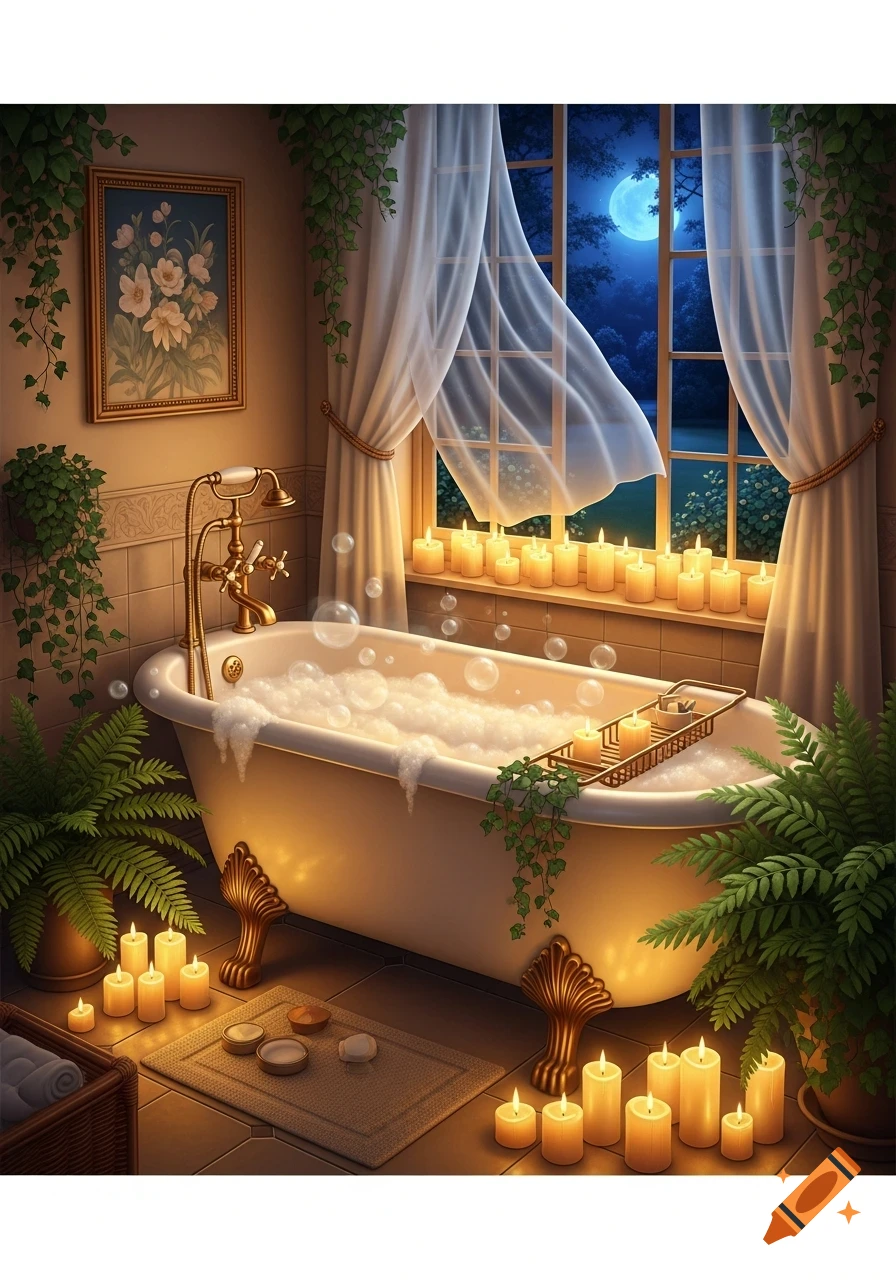 A cozy bathroom at night with a bubble bath, numerous lit candles, lush plants, and a moonlit window view.