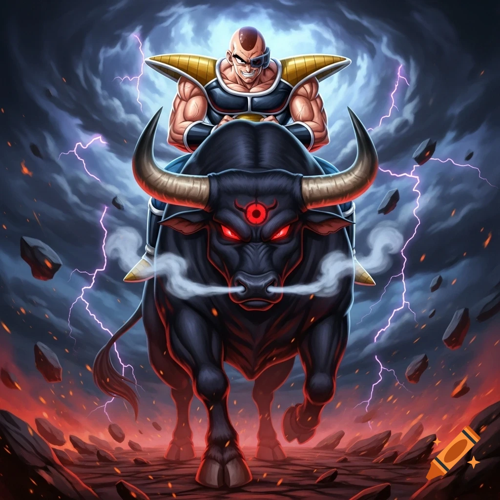 Nappa from Dragon Ball Z riding an angry black bull with red eyes in a stormy, fiery landscape, anime style.