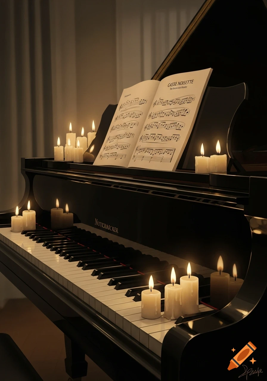A grand piano with 'Casse Noisette' sheet music illuminated by numerous lit candles on its surface, creating a warm ambiance.