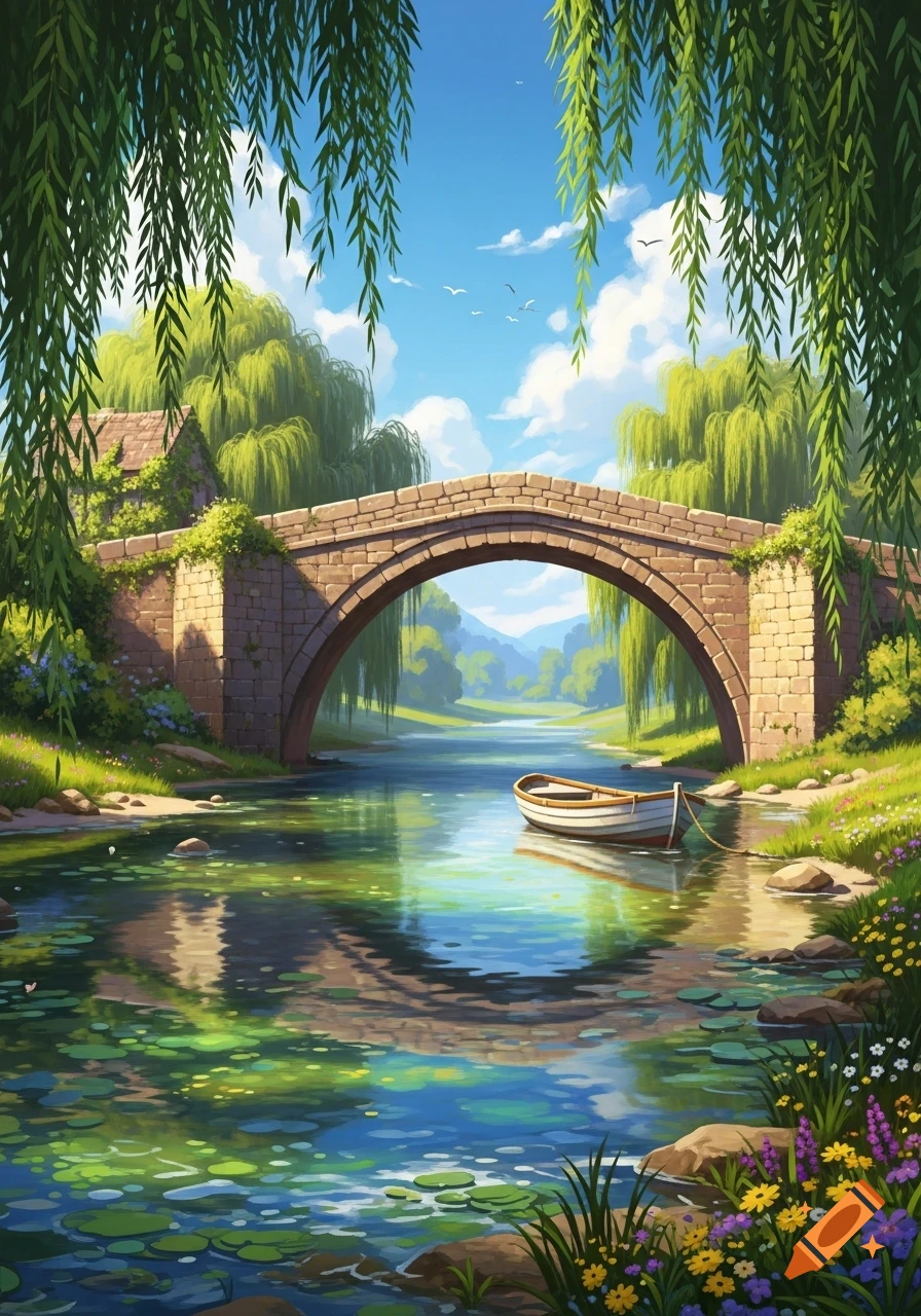 A serene landscape illustration features a stone bridge over a river ...