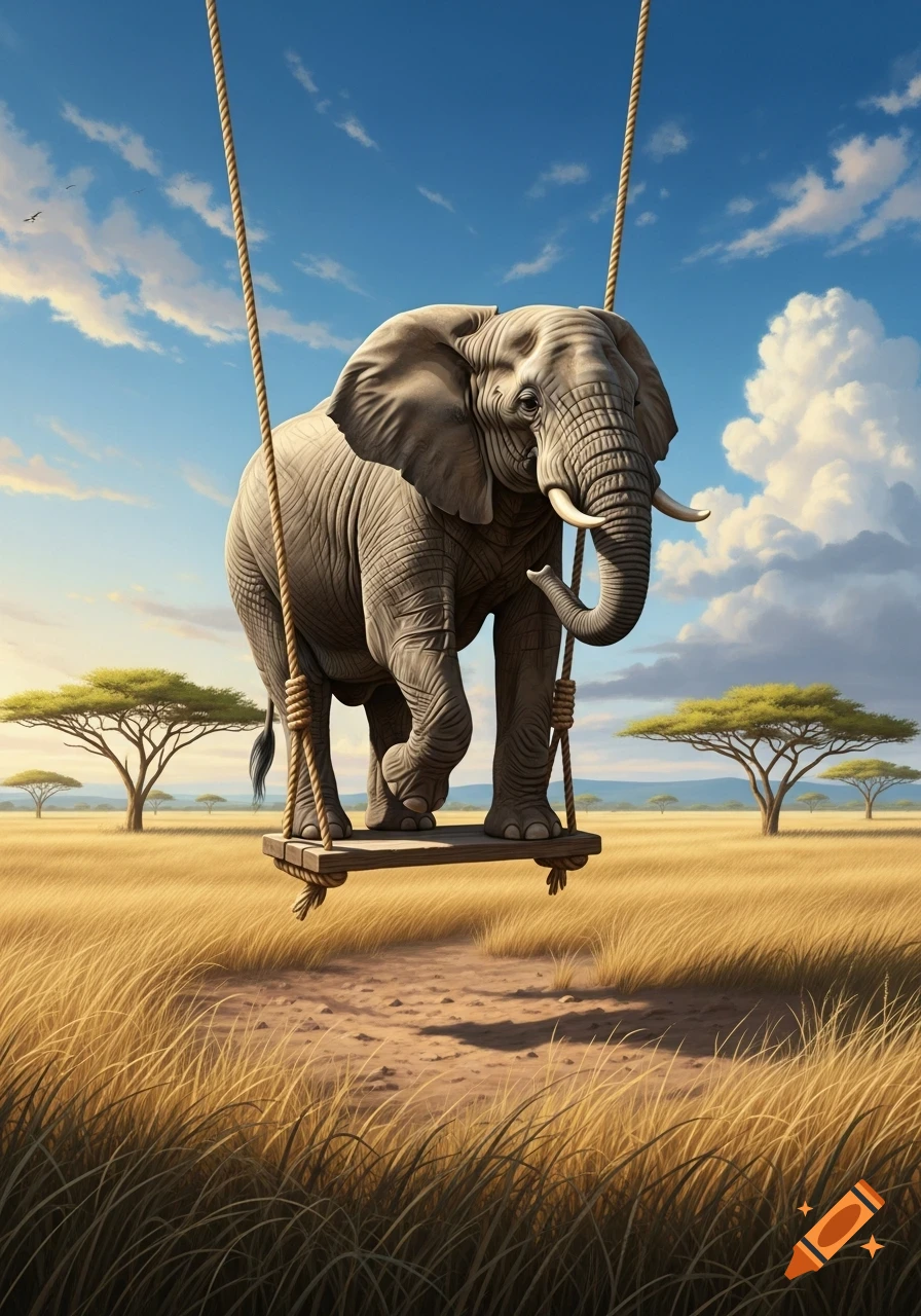 A large, photorealistic elephant stands on a swing in a vast, sunny African savanna under a bright blue sky.